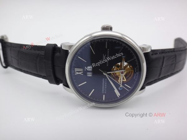 replica Clone IWC Tourbillon Men IWC Portuguese Black Face Black Leather Strap WATCHES 1