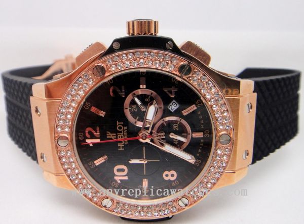replica Hublot Big Bang Rose Gold Black Diamonds Black Rubber Band WATCHES 1
