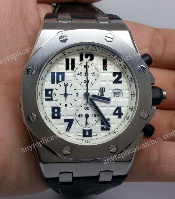 replica Cheap Audemars Piguet AP Royal Oak Offshore White Face Black Leather Strap 44mm WATCHES 1