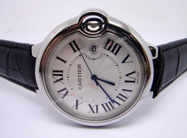 replica Balloon Blue Fake Cartier es Sale SS Silver Face with Black Leather Strap WATCHES 1