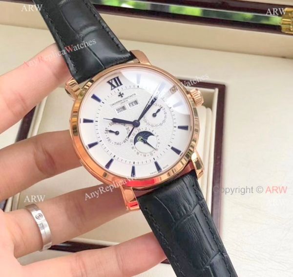 replica Fake Vacheron Constantin es For Sale Brown Leather Strap Black Dial WATCHES 1