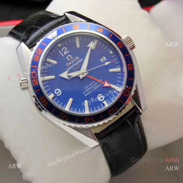 replica Copy Omega Seamaster GMT 45mm es SS Black Leather Strap WATCHES 1