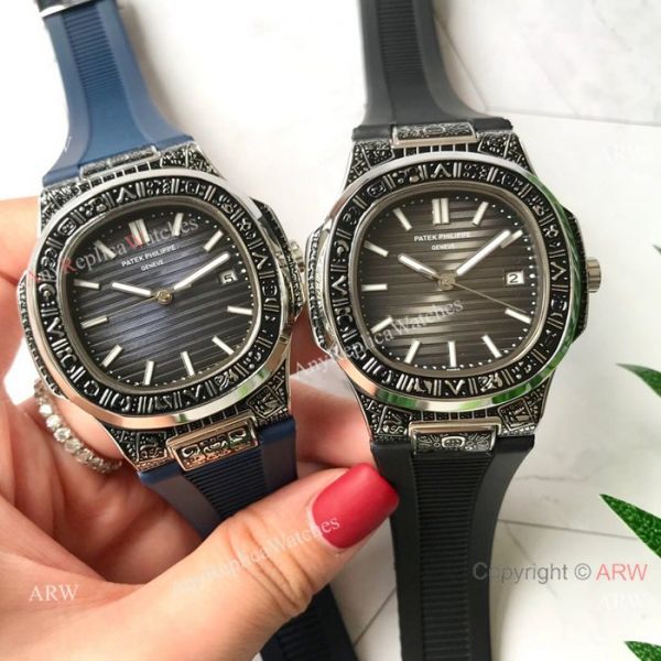 replica Copy Patek Philippe Nautilus White Face Tattoo Black Rubber strap WATCHES 1