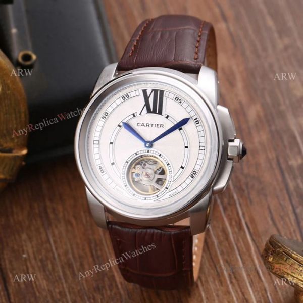 replica AAA Quality Cartier Calibre De es Black Dial Leather Strap WATCHES 1