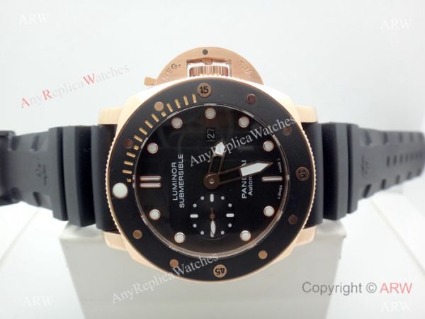 replica Panerai Submersible Rubber Strap PAM684 Copy Rose Gold Black Bezel WATCHES 1