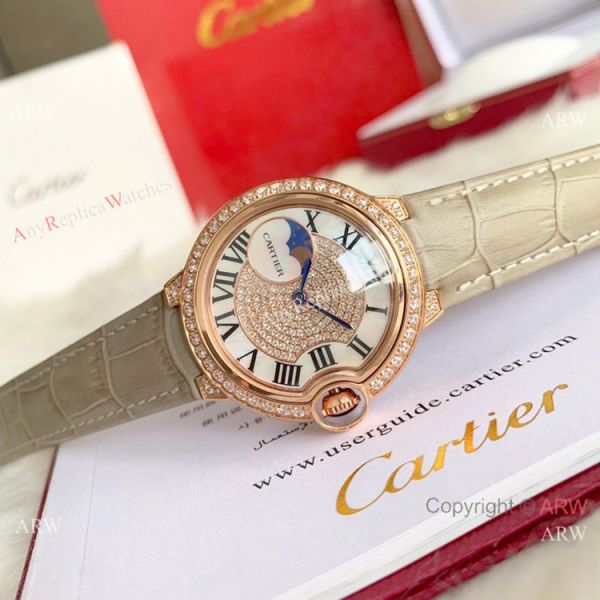 replica Ballon Bleu de Cartier 36mm Gold Diamond Green Leather Band WATCHES 1