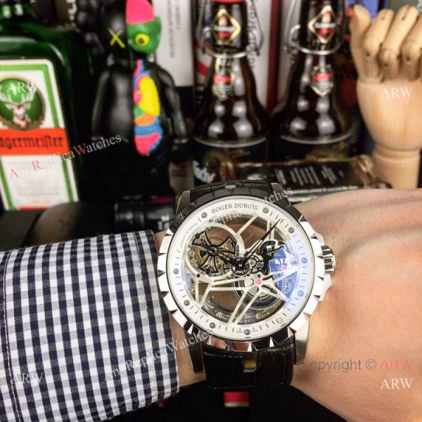 replica Copy Roger Dubuis Excalibur Flying Tourbillon es SS Gray Leather Strap WATCHES 1