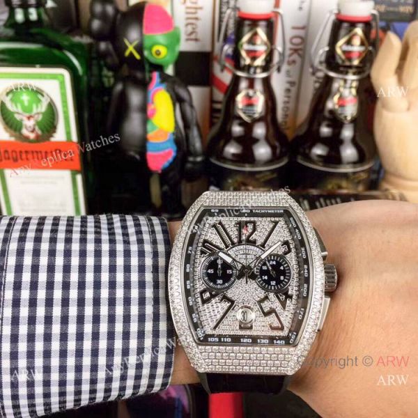 replica New Franck Muller Vanguard Chronograph Copy SS Diamond Brown Leather Strap WATCHES 1