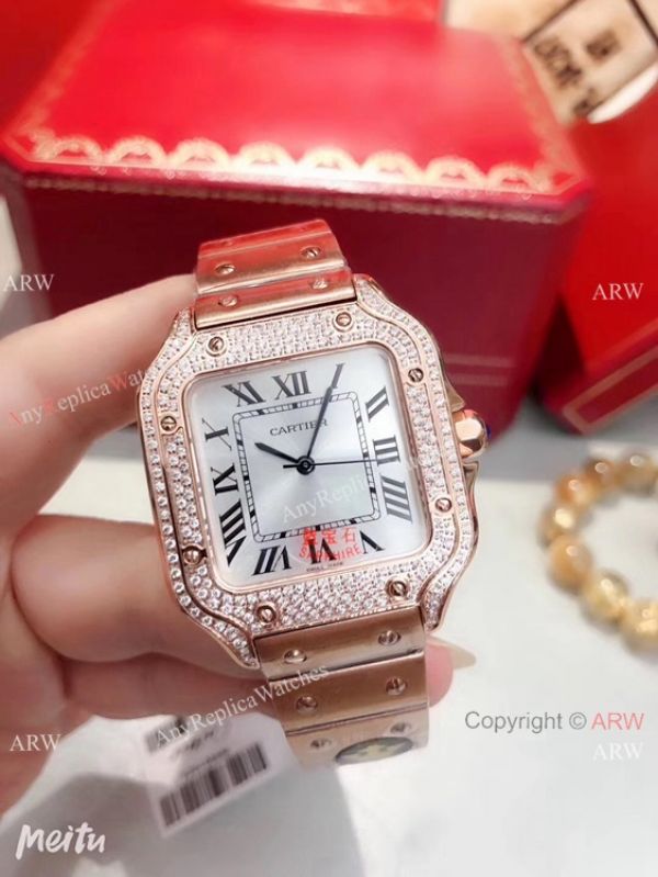 replica Fake Cartier Santos 100 Diamond Stainless Steel Silver Roman Dial WATCHES 1