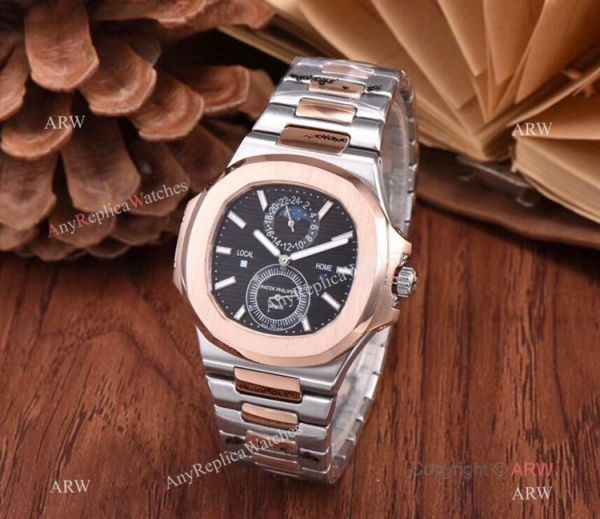 replica New Patek Philippe Nautilus Moon Phase Stainless Steel Black Dial WATCHES 1