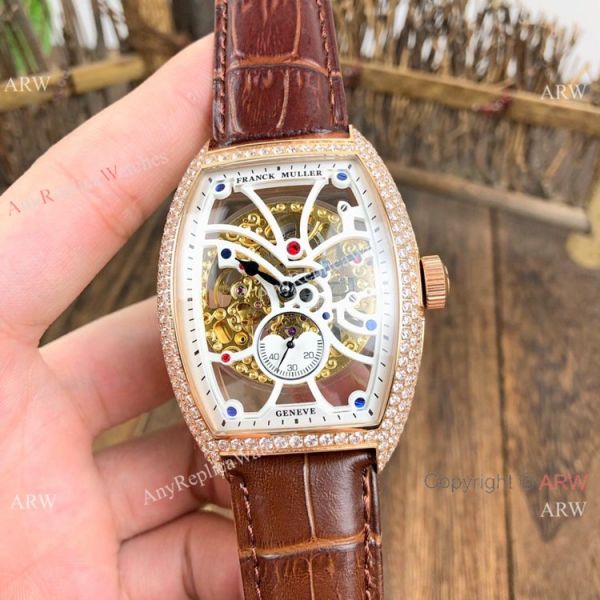 replica Knockoff Franck Muller Cintree Curvex Skeleton es SS Diamond Brown Leather Strap WATCHES 1