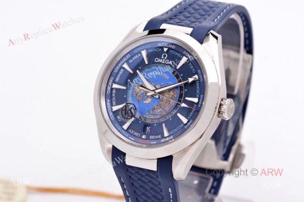 replica VS Factory Swis Omega Aqua Terra Blue Worldtimer Rubber Band For Men WATCHES 1