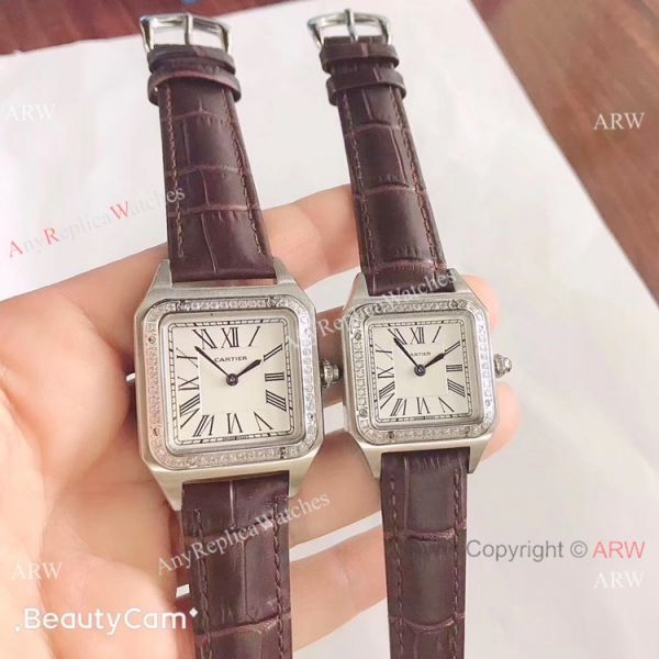 replica 2019 New Cartier Santos Diamond Black Leater WATCHES 1