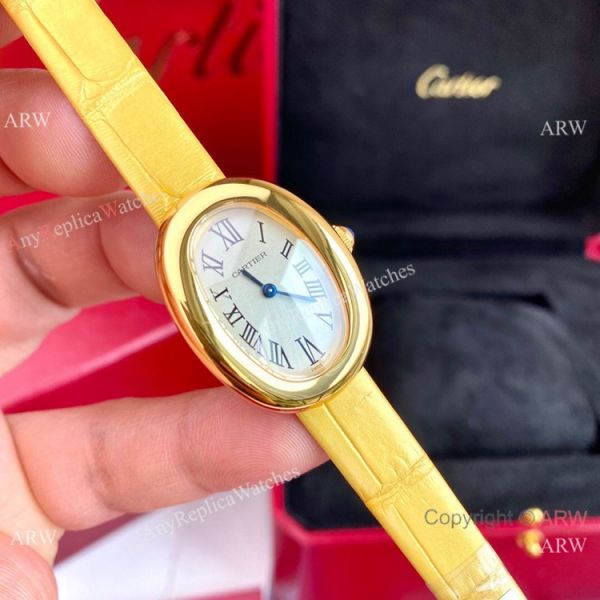 replica New Copy Cartier Baignoire Sapphire Glass Quartz All Gold Small WATCHES 1