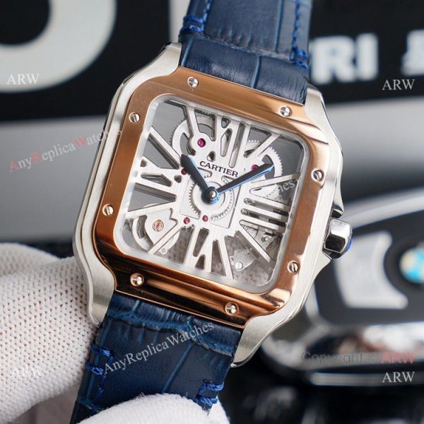 replica (TW )Cartier Santos Skeleton With Blue Leather Strap WATCHES 1