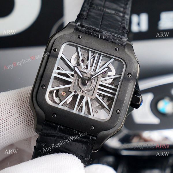 replica (TW ) Skeleton Santos De Cartier In All Black Leather Strap High End For Men WATCHES 1