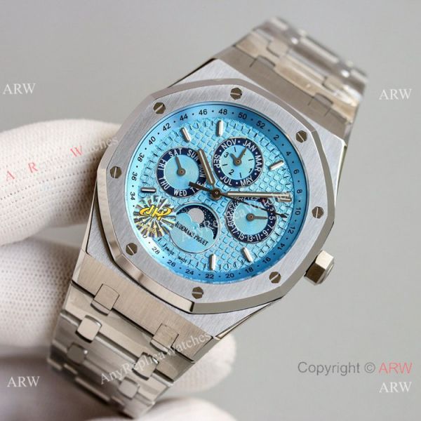 replica JH Factory Swiss Copy Audemars Piguet Royal Oak Perpetual Calendar 26574PT Glacier blue Dial WATCHES 1