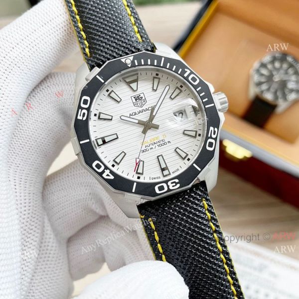 replica High Copy Tag Heuer Aquaracer Calibre 5 Automatic 44mm White Face Black Leather Strap WATCHES 1