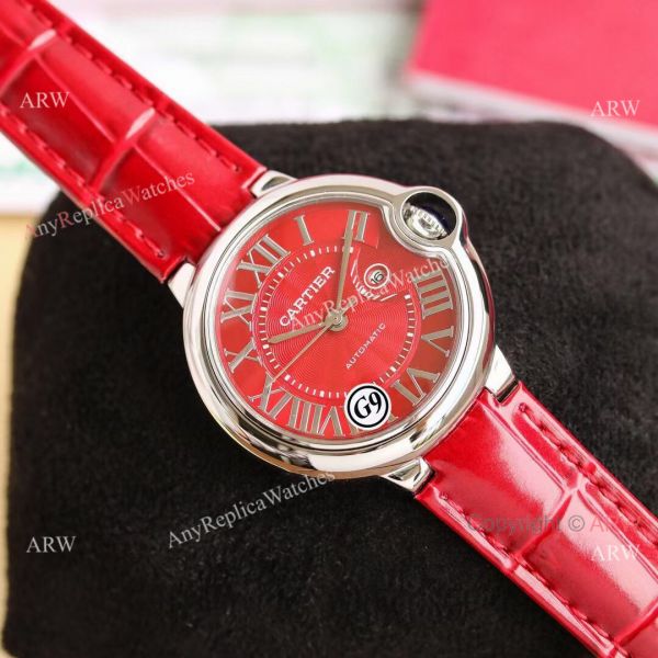 replica Copy Balloon Blue Cartier Red Dial Polished SS Case Leather Strap WATCHES 1