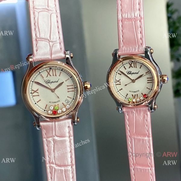 replica Clone Chopard Happy Sport Diamond Couple es Black Leather Strap WATCHES 1