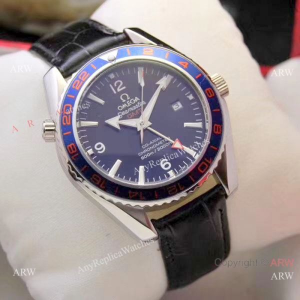 Copy Omega Seamaster GMT 45mm es SS Black Leather Strap WATCHES 2