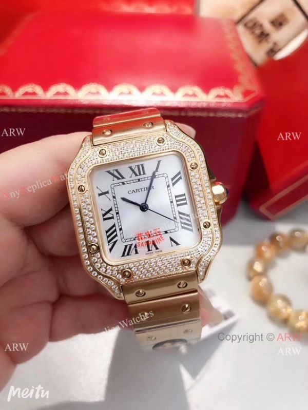 Fake Cartier Santos 100 Diamond Stainless Steel Silver Roman Dial WATCHES 2