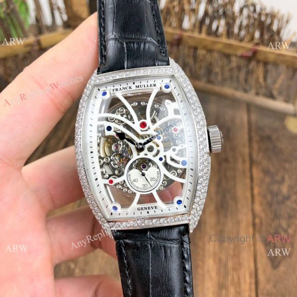 Knockoff Franck Muller Cintree Curvex Skeleton es SS Diamond Brown Leather Strap WATCHES 2