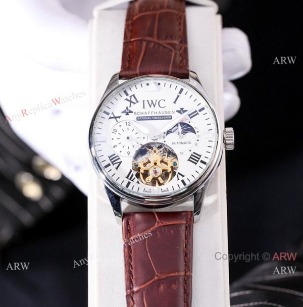 New IWC Schaffhausen Complications Men White Dial Brown Leather Strap WATCHES 2