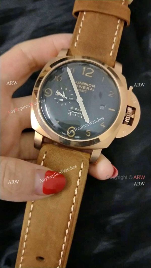 replica PANERAI LUMINOR 10 DAYS GMT ROSE GOLD BLACK DIAL WATCHES 3
