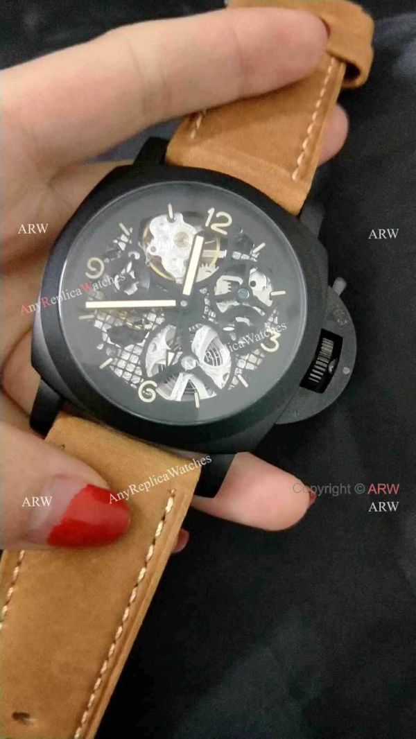 replica Panerai Radiomir Tourbillon GMT Skeleton PAM348 Black Case Best Copy WATCHES 3