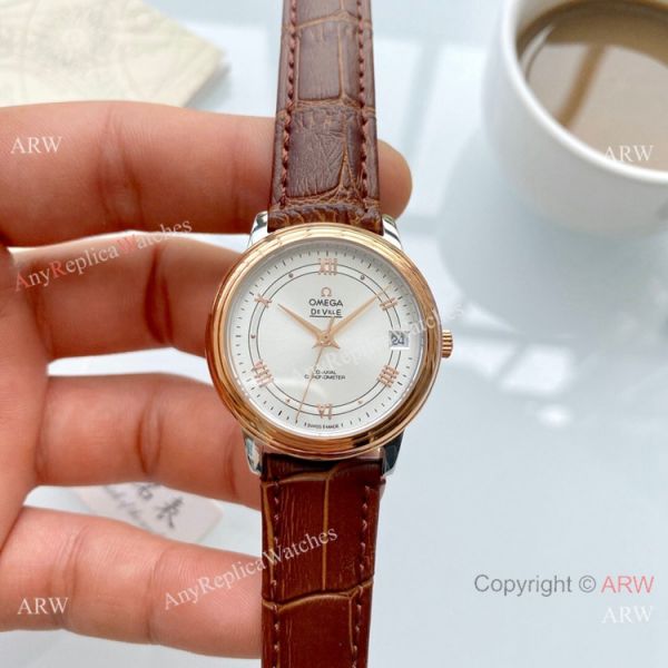replica Clone Omega De Ville Prestige Ladies es Brown Leather Strap WATCHES 3