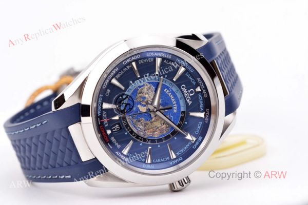 replica VS Factory Swis Omega Aqua Terra Blue Worldtimer Rubber Band For Men WATCHES 3