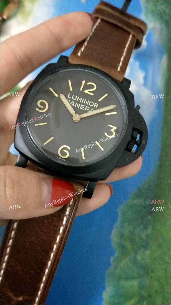 replica Luminor Panerai PAM372 Black Case Brown Leather Strap WATCHES 3