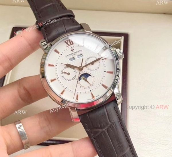replica Fake Vacheron Constantin es For Sale Brown Leather Strap Black Dial WATCHES 3