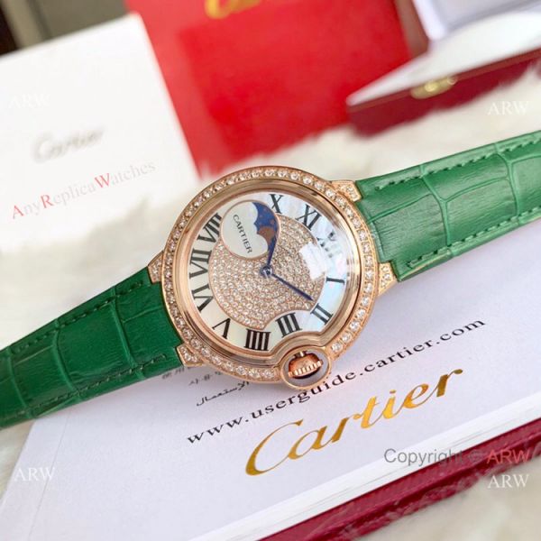 replica Ballon Bleu de Cartier 36mm Gold Diamond Green Leather Band WATCHES 3