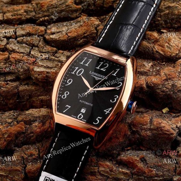 replica Copy Longines Evidenza Men es Black Dial Black Leather Strap WATCHES 3