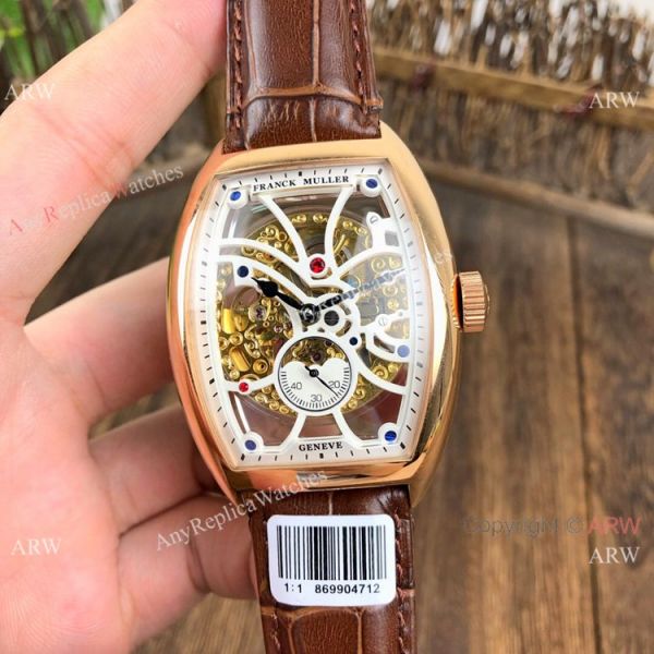 replica Knockoff Franck Muller Cintree Curvex Skeleton es SS Diamond Brown Leather Strap WATCHES 3