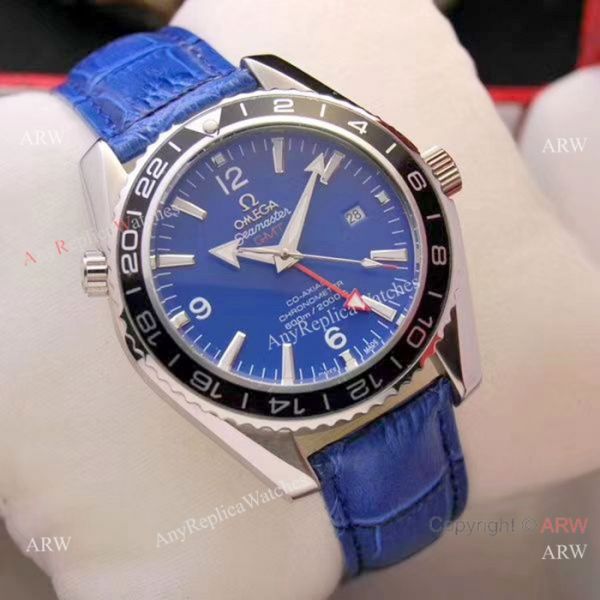 replica Copy Omega Seamaster GMT 45mm es SS Black Leather Strap WATCHES 3