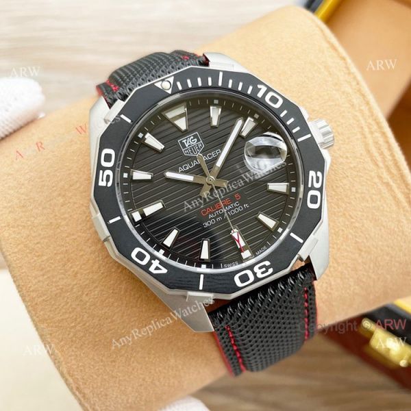 replica High Copy Tag Heuer Aquaracer Calibre 5 Automatic 44mm White Face Black Leather Strap WATCHES 3