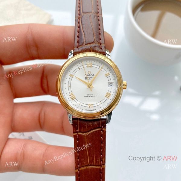 replica Clone Omega De Ville Prestige Ladies es Brown Leather Strap WATCHES 4