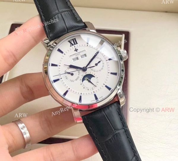 replica Fake Vacheron Constantin es For Sale Brown Leather Strap Black Dial WATCHES 4