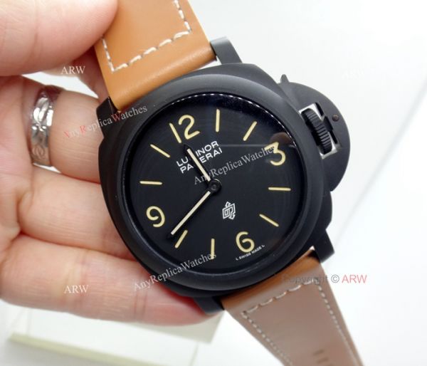 replica Panerai Luminor Black Dial Brown Leather Strap W Panerai Luminor Base Logo WATCHES 4