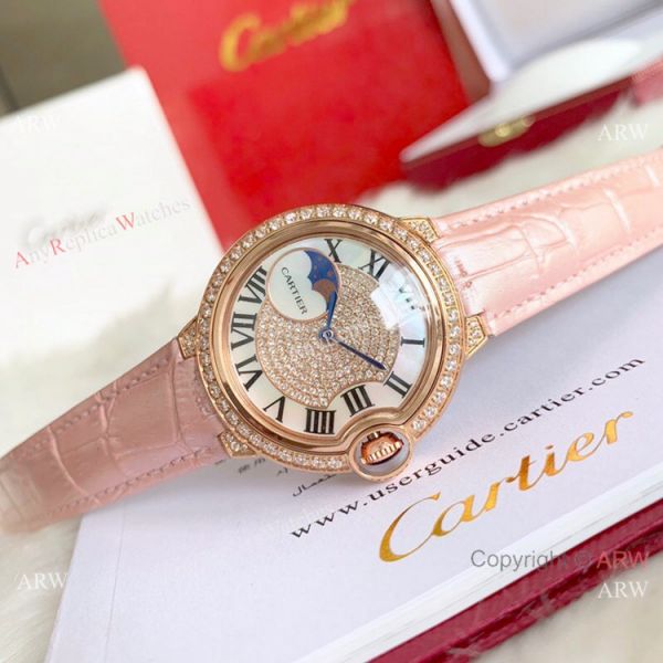 replica Ballon Bleu de Cartier 36mm Gold Diamond Green Leather Band WATCHES 4
