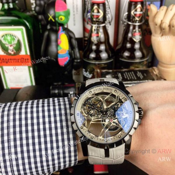 replica Copy Roger Dubuis Excalibur Flying Tourbillon es SS Gray Leather Strap WATCHES 4