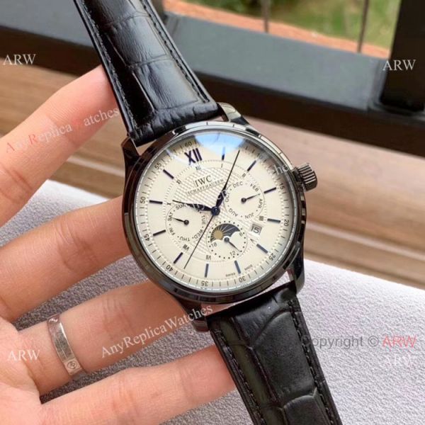 replica IWC Portugieser Annual Calendar es White Dial Black Leather Strap WATCHES 4