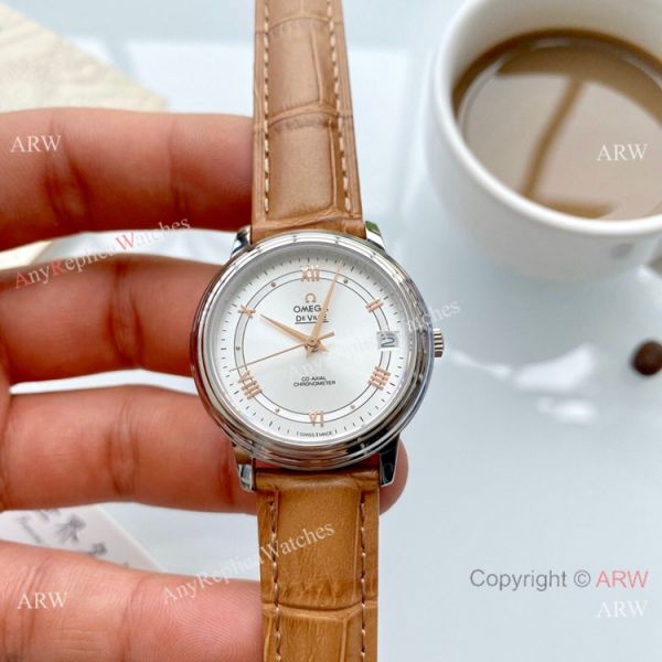 replica Clone Omega De Ville Prestige Ladies es Brown Leather Strap WATCHES 5