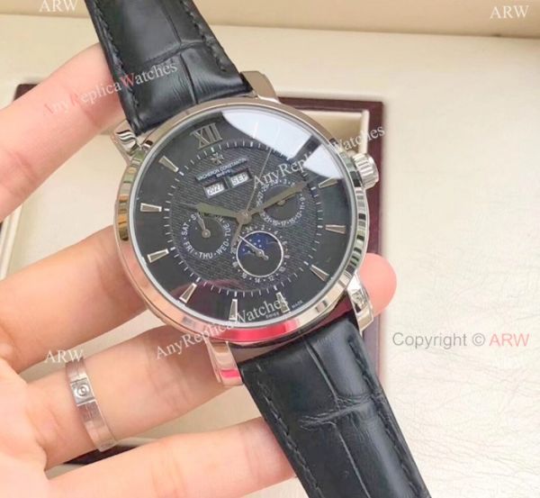 replica Fake Vacheron Constantin es For Sale Brown Leather Strap Black Dial WATCHES 5