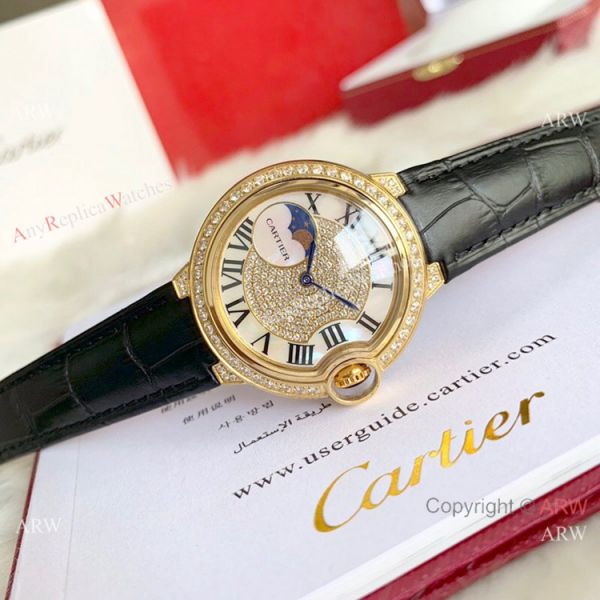 replica Ballon Bleu de Cartier 36mm Gold Diamond Green Leather Band WATCHES 5