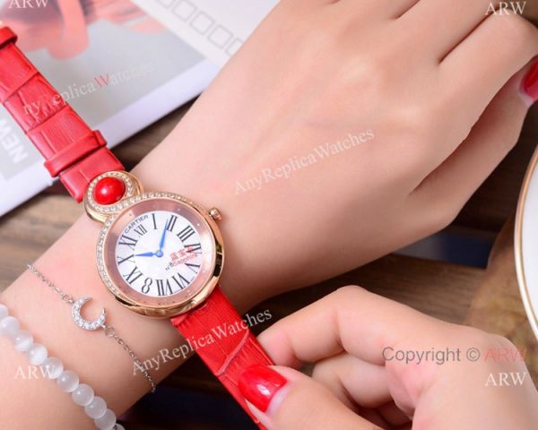 replica High Quality Copy Cartier Women es Rose Gold Blue Leather Strap WATCHES 5