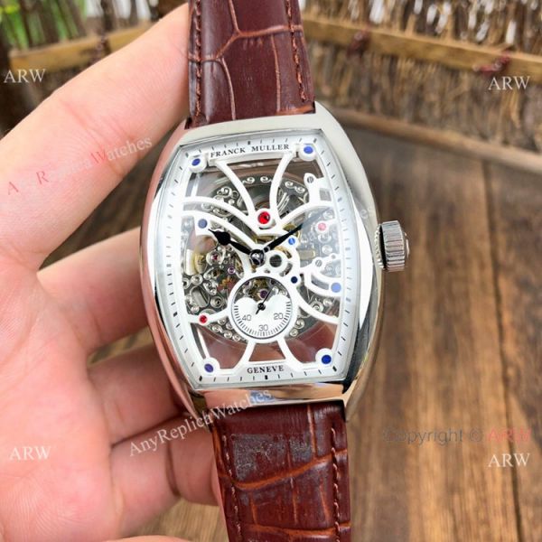 replica Knockoff Franck Muller Cintree Curvex Skeleton es SS Diamond Brown Leather Strap WATCHES 5